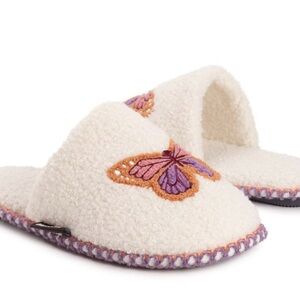Muk Luks Cream Slippers with Purple Butterfly
